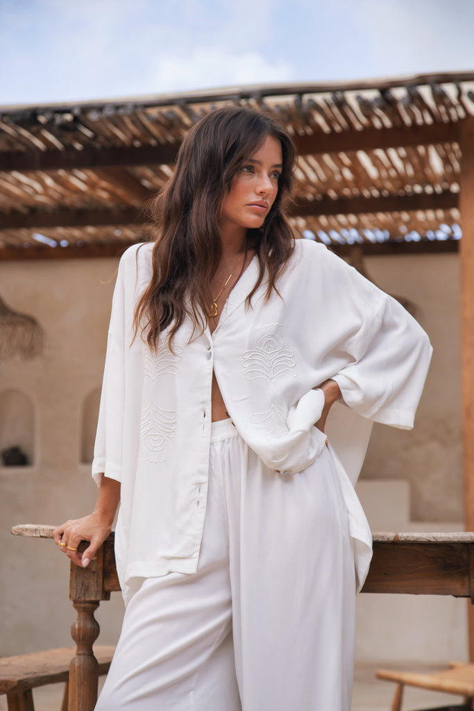 womens ivory viscoe shirt with rose hand woven detailing