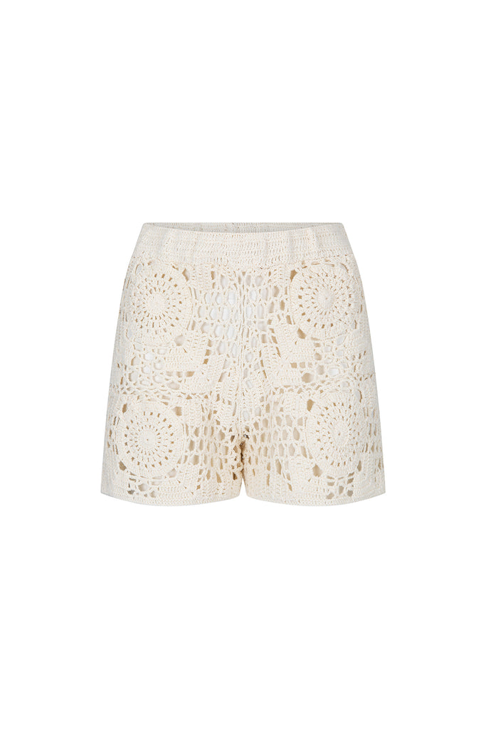 women's cream crochet short front view